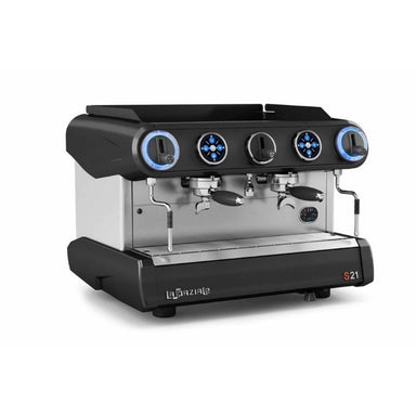 Front of black La Spaziale S21 espresso machine on white background