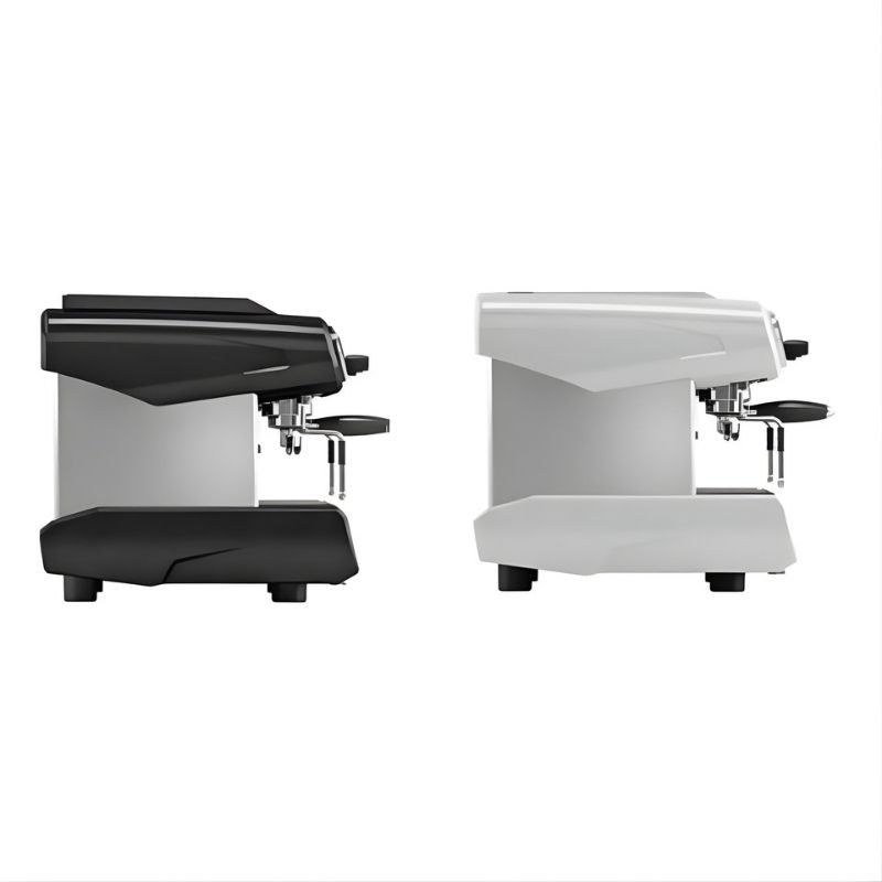 Two color options of La Spaziale S21 Spazio espresso machine on white background